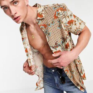 NEW ASOS DESIGN regular shirt in paisley print in tan